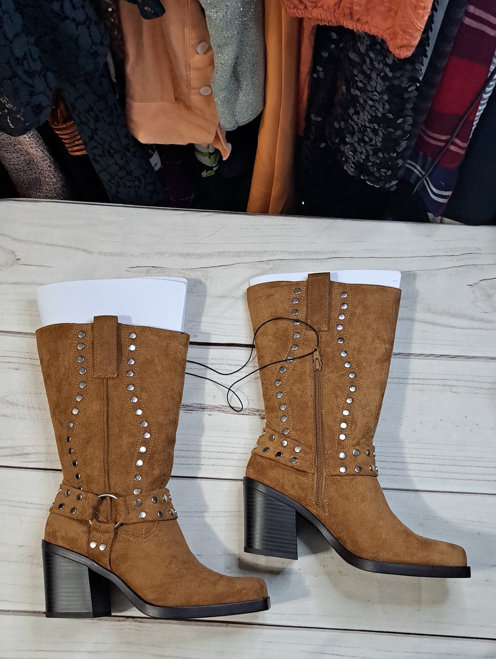Madden NYC Studded Mid-Calf Block Heel Boots - Brown